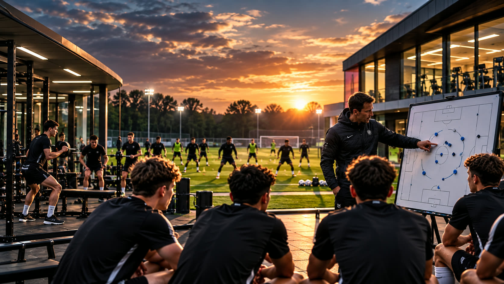 Two football coaches reviewing notes together on the training ground