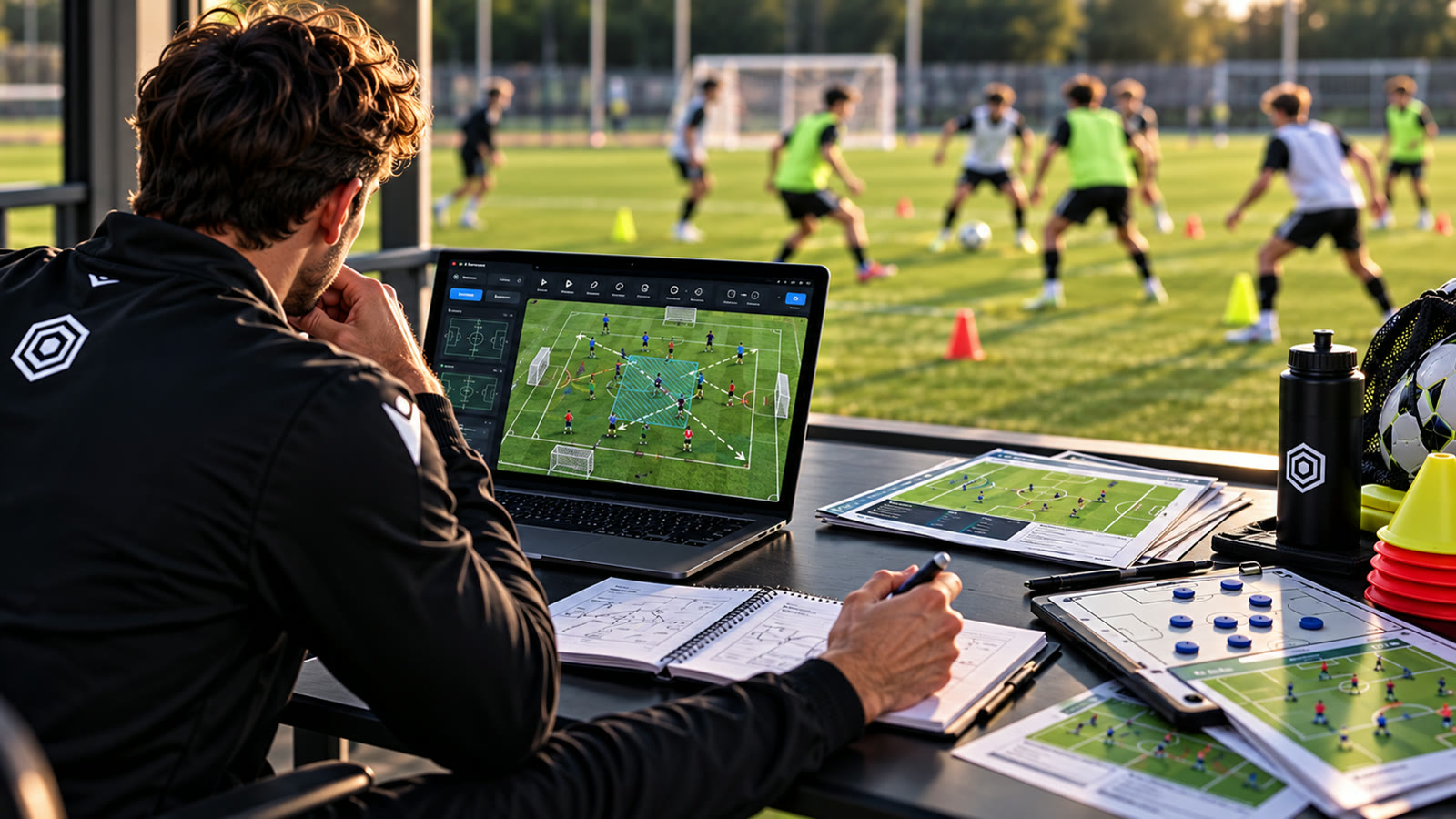 A coach at a desk beside the pitch planning the session on a laptop while players train behind him