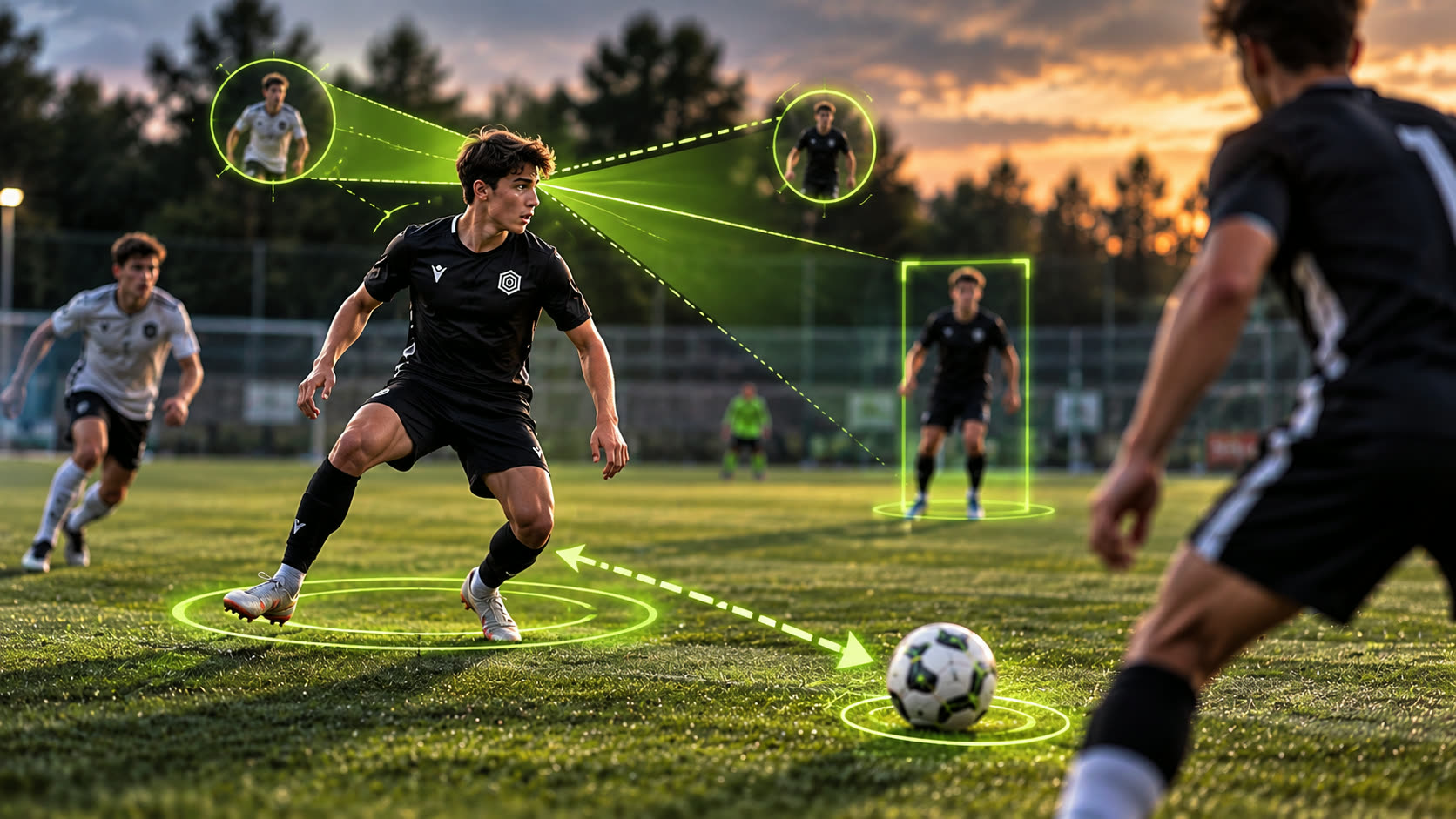Football player controlling an incoming ball during a match