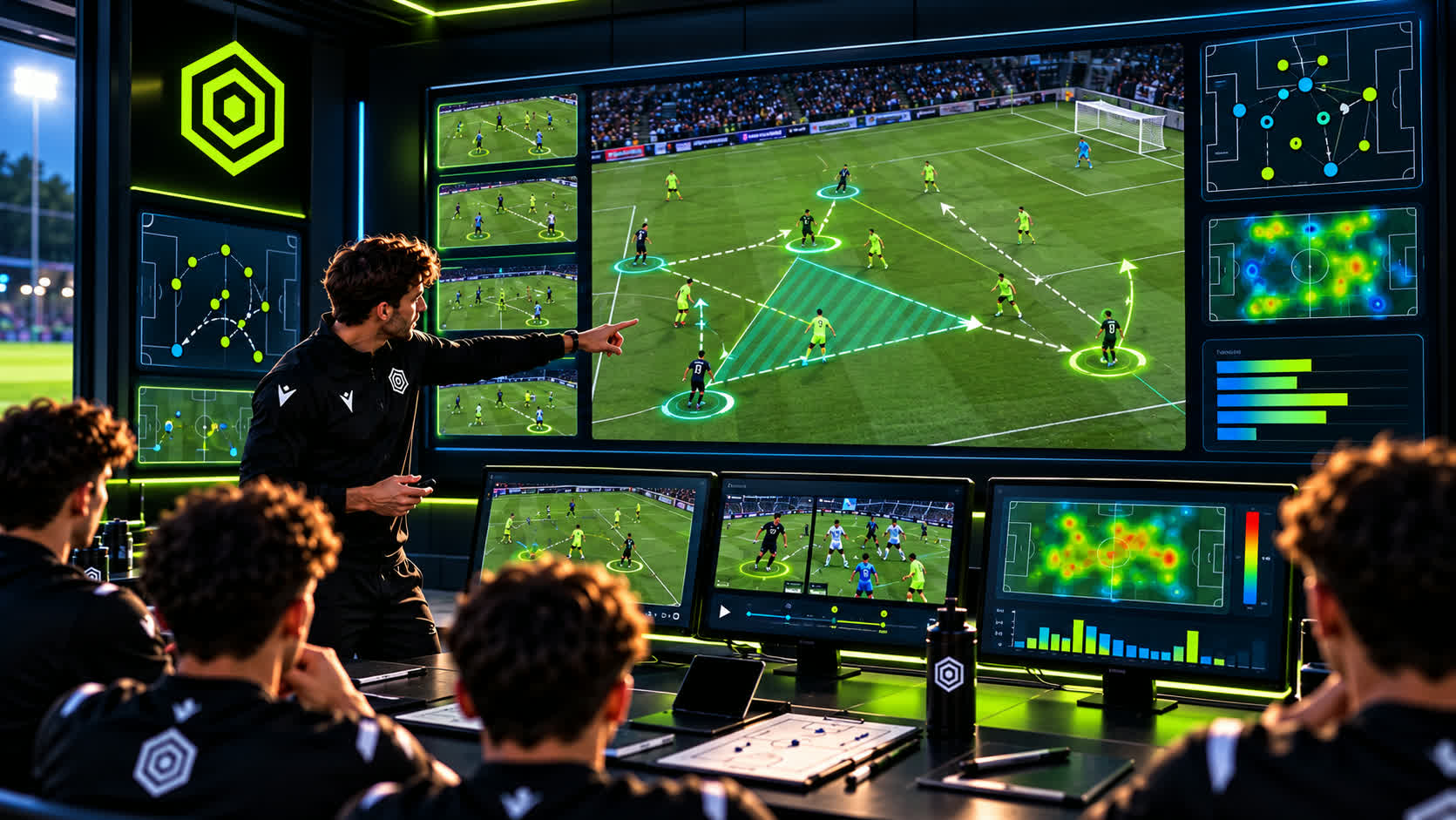 Wide view of a football match showing players and team positioning