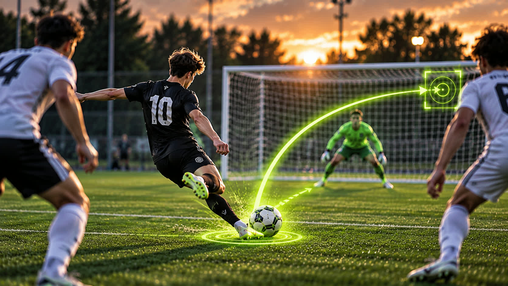 Football player striking the ball with an outstretched kicking leg