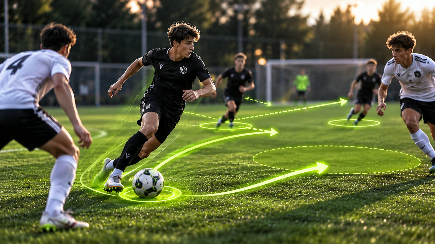 Football player sprinting into space towards the ball